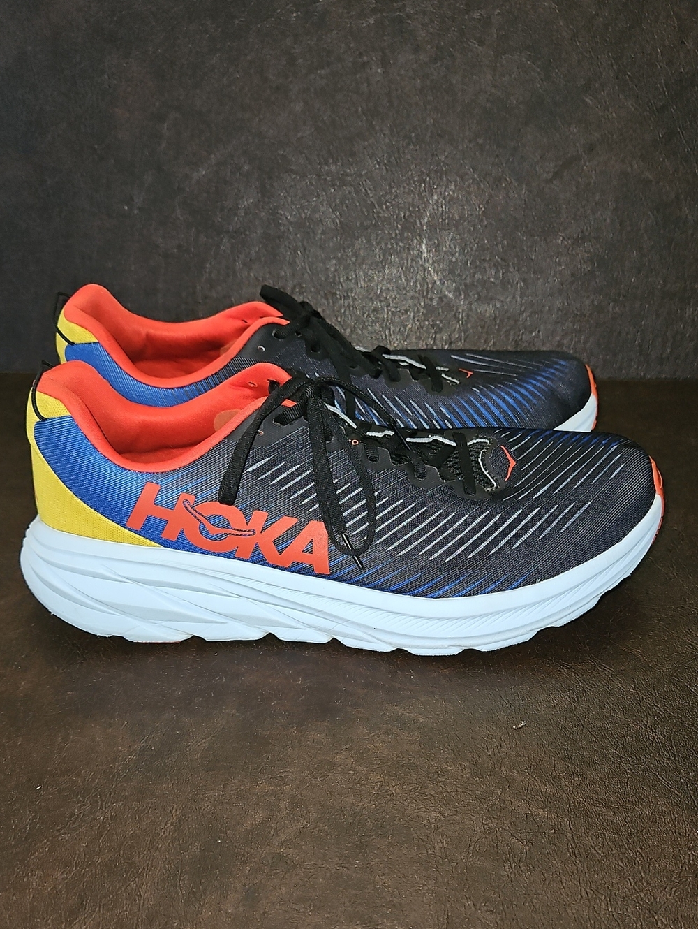 Hoka One One Rincon 3 Black Running Shoes with Orange, Blue & Yellow Size 14D